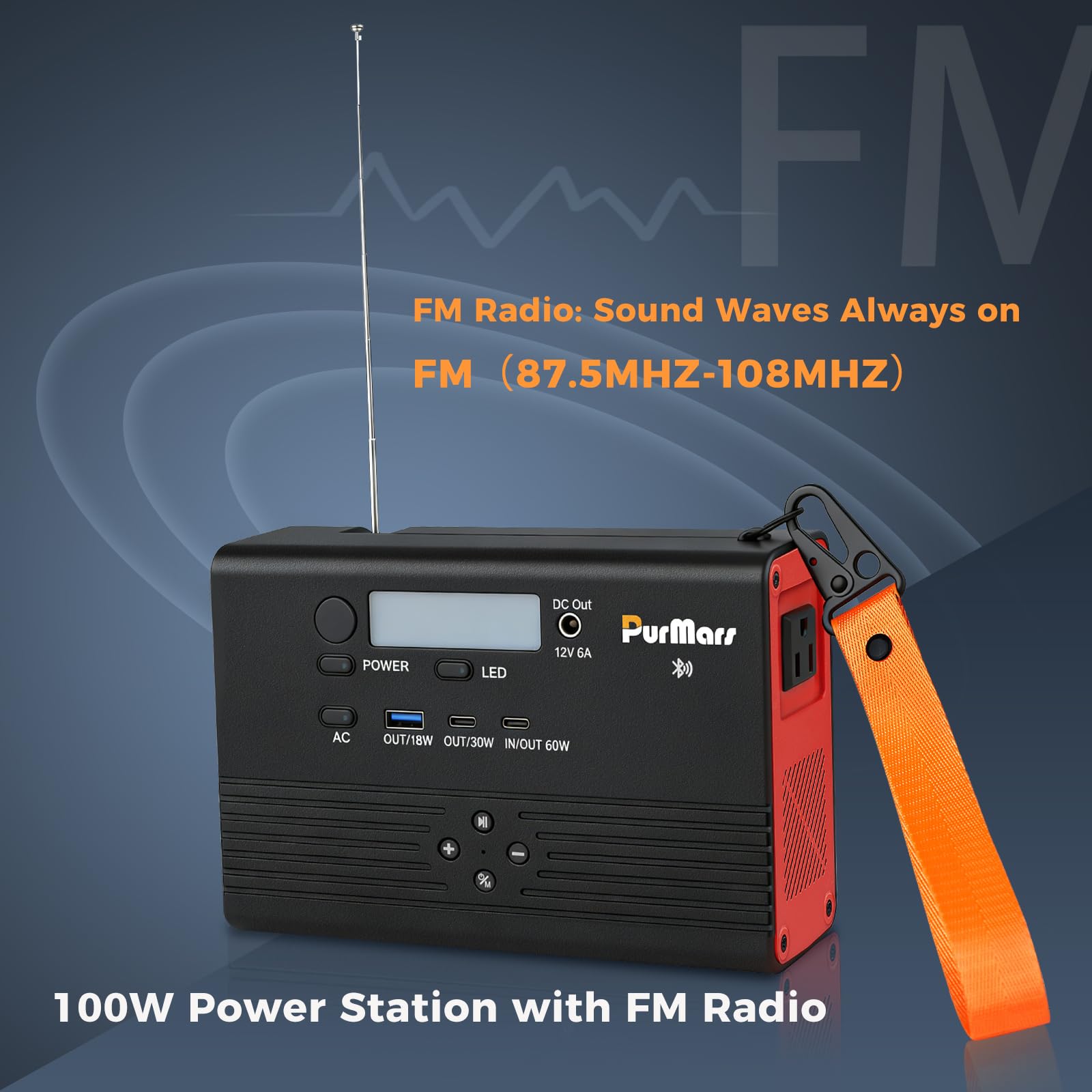Stazione di ricarica portatile Purmars,power bank da 92Wh/100W:altoparlante Bluetooth,radio FM,ricarica rapida PD,uscita CA 230V e porte multiple.ideale per il campeggio e l'alimentazione di emergenza