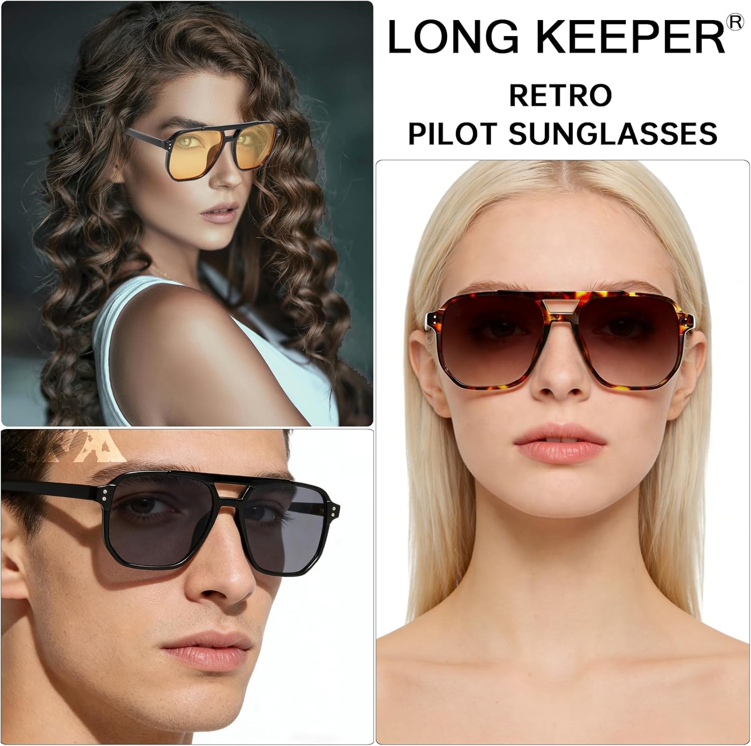 Long Keeper Retro Square Pilot Sunglasses Women Men 70s Double Bridge Aviation Square Sun Glasses Trendy Vintage Shades UV400 - Image 5