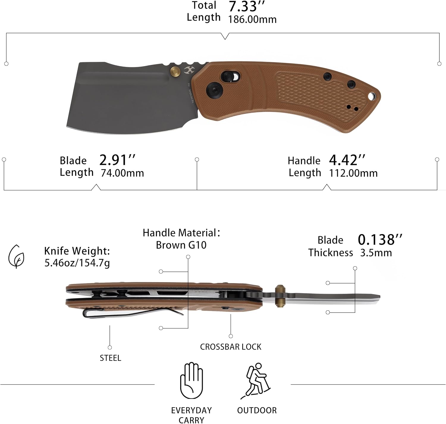 KANSEPT Korvid V Pocket Knife, 2.91''America Gray TiCn Coated D2 Blade, Brown G10 with Diamond Pattern Handle, Thumb Stud with Crossbbar Lock, Double Sided Clip for EDC Camping Folding Knives TE2030V4