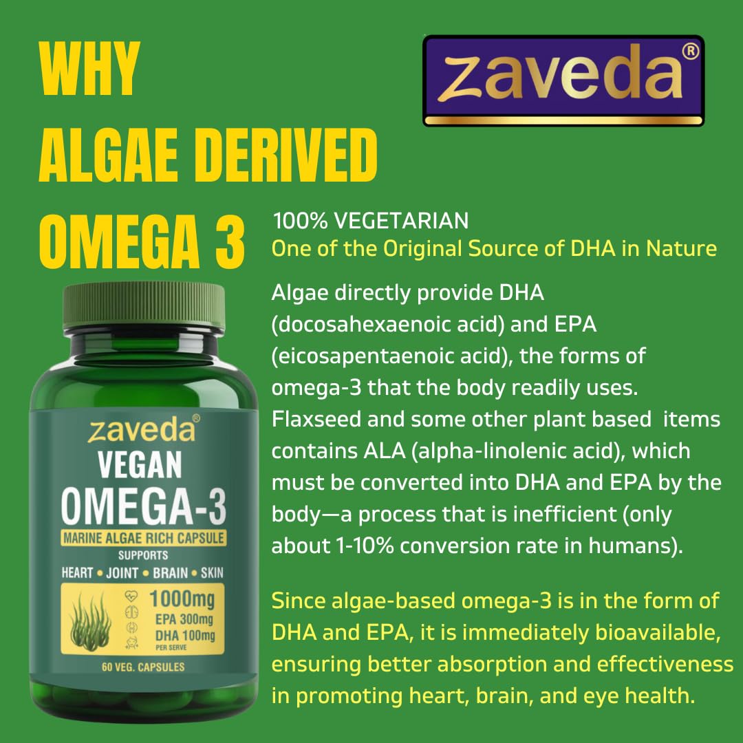 Zaveda Vegetarian Omega 3–1000 mg per serving), (60N), sour, omega 3 fatty acid capsules are good for heart, brain, eye, skin, skin, muscles, bone and joint support - vegetarian 60 capsules.