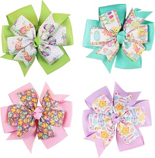4PCS Easter Hair Bows for Women，Multicolor Grosgrain Hair Clips with Bunny Carrot Chick Easter Egg Pattern Hair Accessories for Party Decorations Supplies