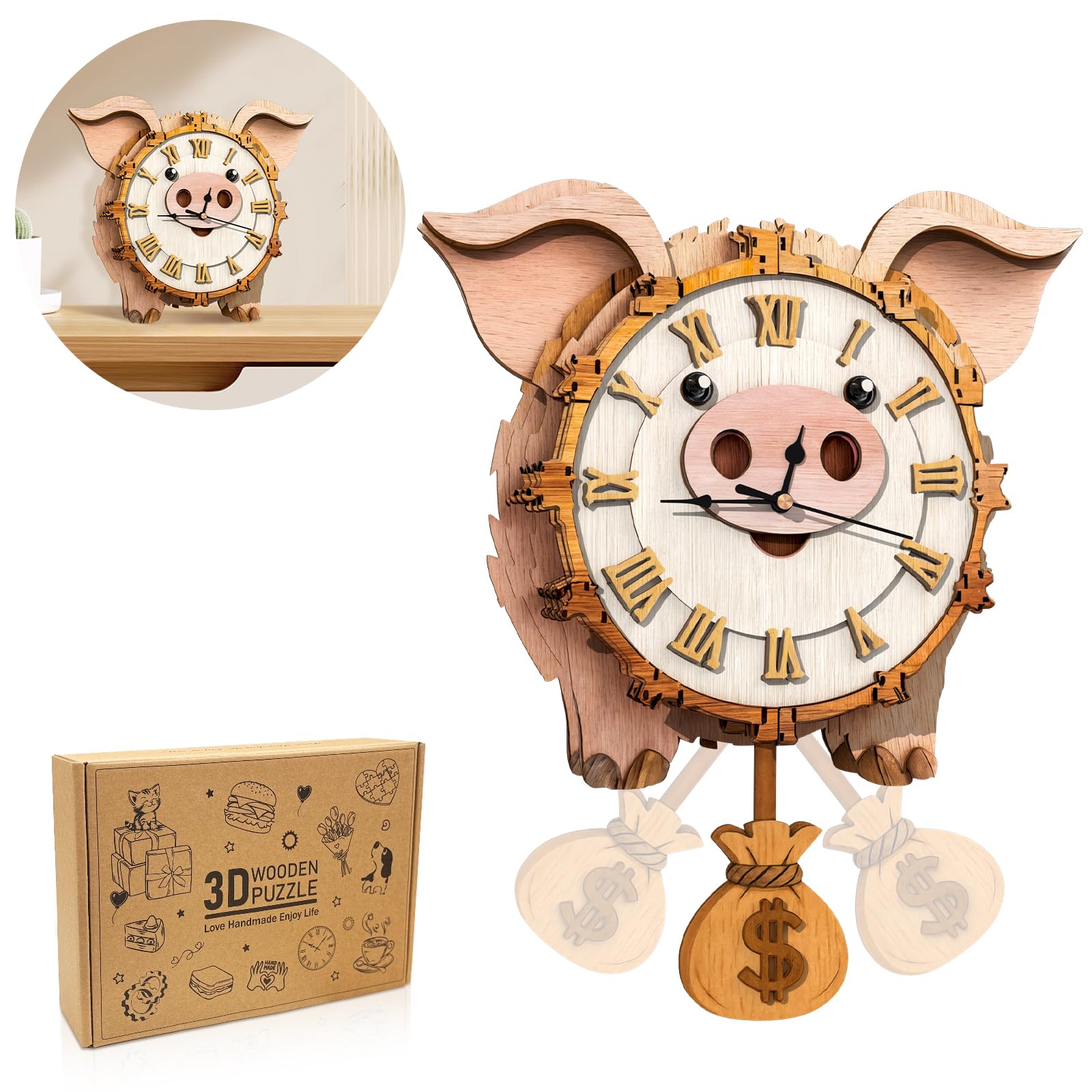 Cutywood 3d Puzzles for Adults-Pig Clock with Functional Timepiece, 3d Wood Puzzle (10.5 * 9.4in), Animal 3d Jigsaw Puzzles Desk/Wall Art Home Decor/Gifts for Friends/Family Game Night