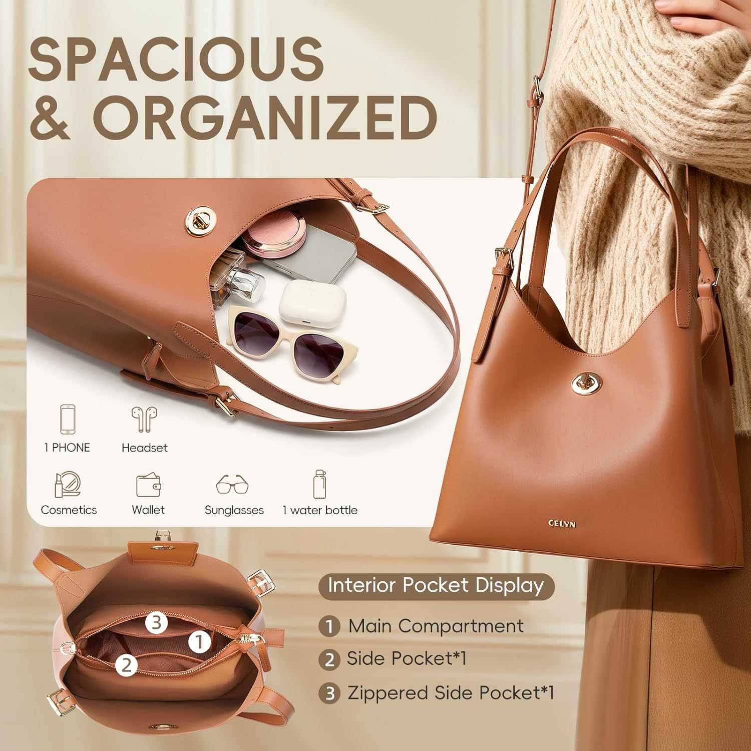 Genuine Leather Tote Bag for Women, Anti-Theft Large Capacity Shoulder Bag with Adjustable Straps, Lightweight Handbag - Image 4