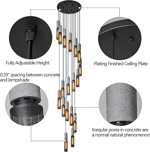 Miniatura 3 de Lámpara colgante lineal negra de hormigón de 18 luces con pantalla de malla metálica, lámpara grande para escalera, vestíbulo, sala de estar,