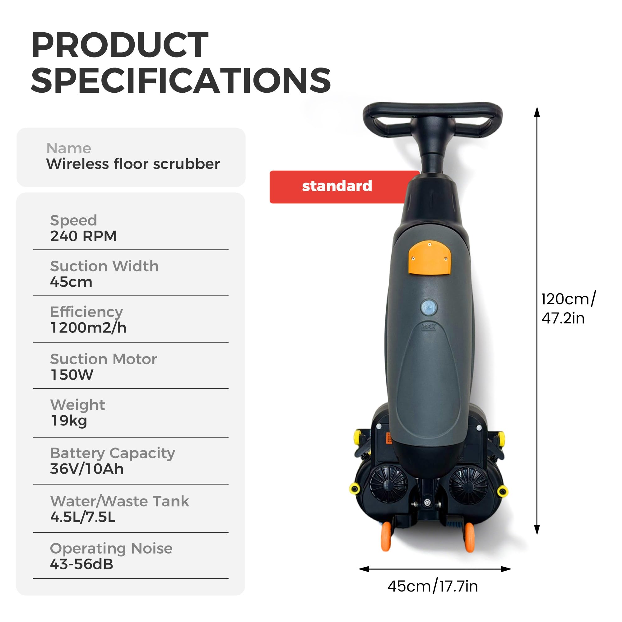 fregadora Manual, fregadora Industrial, Ancho de Limpieza 17", cepillos Dobles, Cabezal Giratorio 360°, fregadora y abrillantadora, para Uso doméstico, Oficina, hotelero Grey-Standard