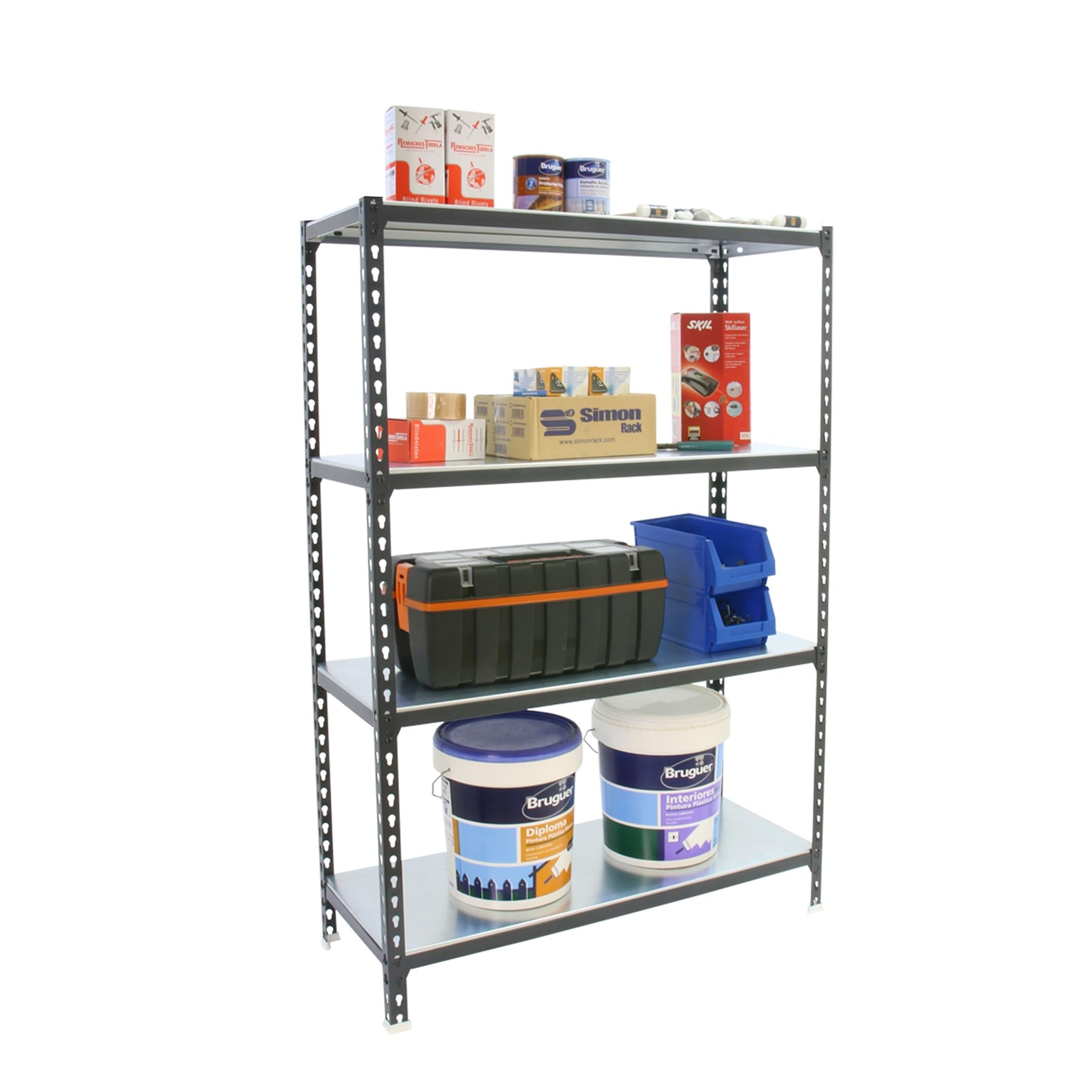 Simon Rack Regał metalowy 1500x1200x500 mm, 4 półek, nośność 200 kg na półkę, regał magazynowy i garażowy, stabilna konstrukcja, kolor Antrakit/Ocynkowany – SimonClick