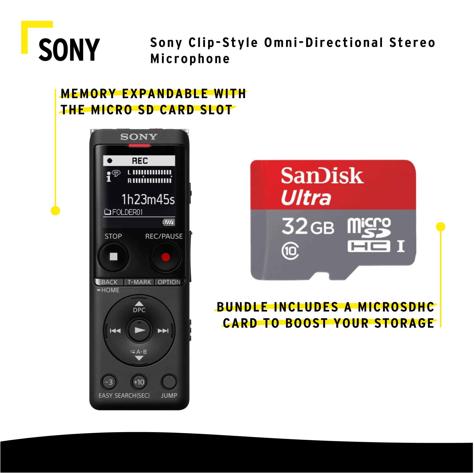 Sony icd-ux560 estéreo grabadora de voz digital w/built-in USB w/Sony ECMCS3 Clip estilo mic Bundle | 4 GB integrado, Mp3/lpcm, incluye micrófono de 32 GB Microsd y Ecm-Lv1 Lav