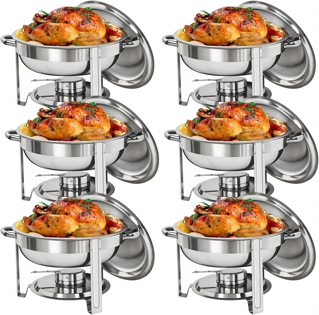 ZENY Pack of 6 Round Chafing Dish Full Size 5 Quart Stainless Steel Deep Pans Chafer Dish Set Buffet Catering Party Events Warmer Serving Set Utensils w/Fuel Holder