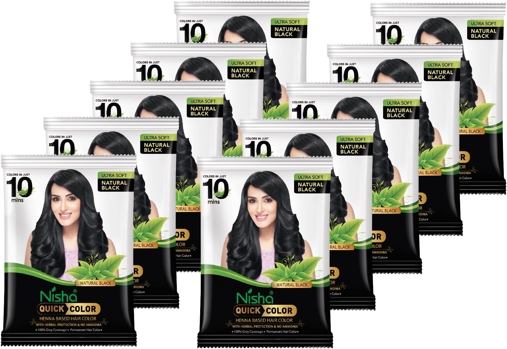 Quick Hair Color, 5 Minute Hair Color for Women & Men, Ammonia Free Henna Based Hair Colour, 100% Gray Coverage, Black Hair Dye, Natural Black Hair Color (10g Pack of 10)