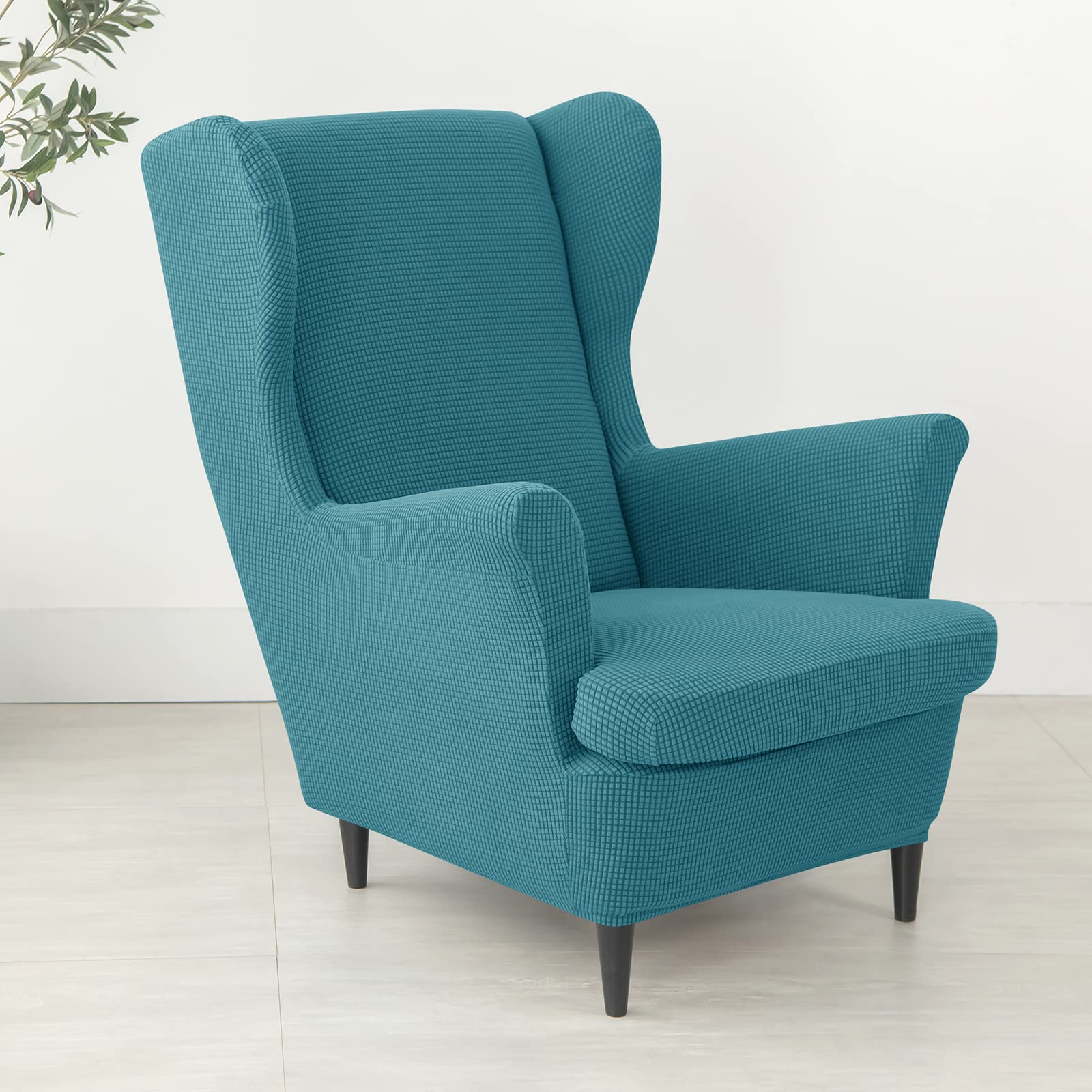JHLD 2 Piece Stretch Wing Chair Slipcover, Soft Plaid Wingback Chair Slipcover with Elastic Bottom Armchair Chair Slipcovers Wingback Chair Cover for Living Room -Teal-2 Piece