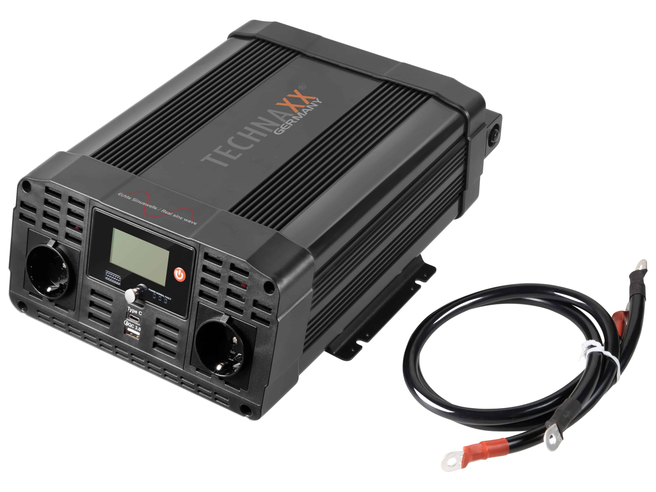 Technaxx Convertisseur Voiture 12V vers 230V Onde Sinusoïdale Pure 3000W Puissance Continue 6000W Crête Inverter Auto avec Écran LCD 2 Prises Schuko USB-A QC 3.0 USB-C pour Camping Camping-Car TE23