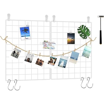 C&AHOME Photo Wall Display Set of 2, Grid Panel with Hooks, Clips, Hemp Cord, Hammer - 15.7" x 11.8", White UWWGM3402W