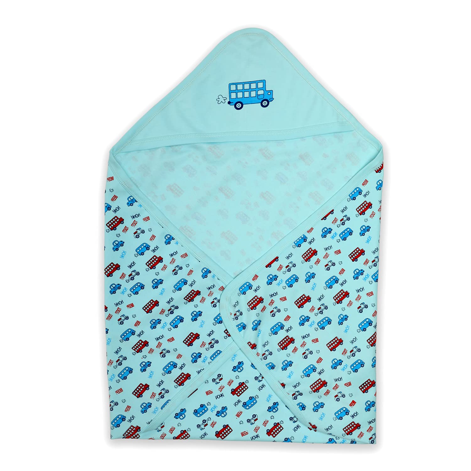 LuvLap Soft 100% Cotton Hooded Wrapper Cum Warm, Blanket, for New Born Baby to 3 Year Old, 75cmx75cm, Bus Print (Sky Blue)(Lightweight;Breathable;Skin Friendly)-picture-21