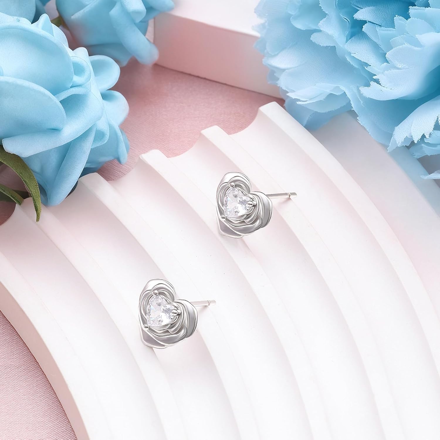Rose Heart Stud Earrings S925 Sterling Silver Cubic Zirconia 3D Rose Flower Earrings Minimalist Dainty Romantic Floral Jewelry for Women Wife Her Anniversary Birthday Christmas - Image 2