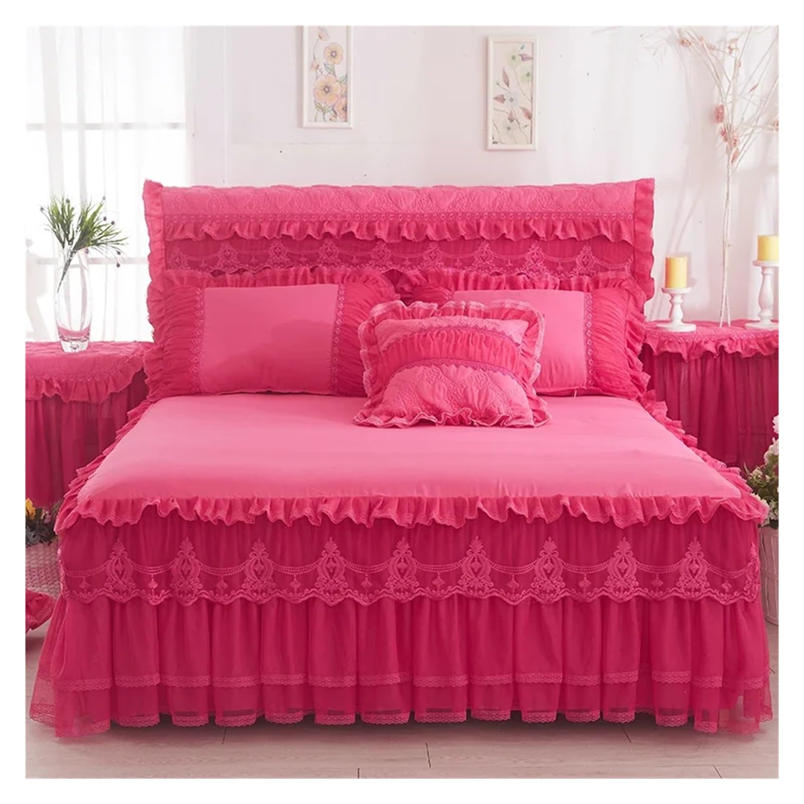 3 Pcs Bedding Set Princess Lace Bed Skirts Bedspreads Queen King Size Cute Bed Sheet for Girl Bed Cover Home Textiles(Rose Red,180x200cm 3pcs)