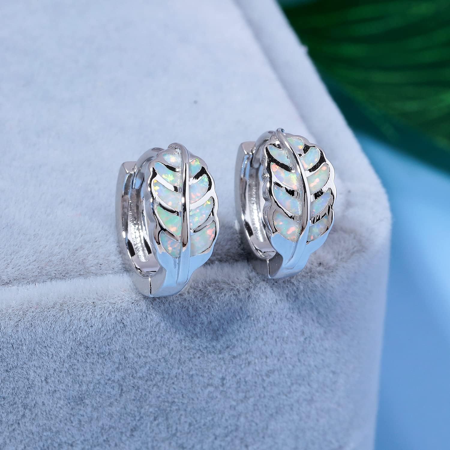 Leaf Small Hoop Earrings for Women Girls Opal Huggie Hoop Earrings 14K Gold Plated Cartilage Mini Earrings - Image 4