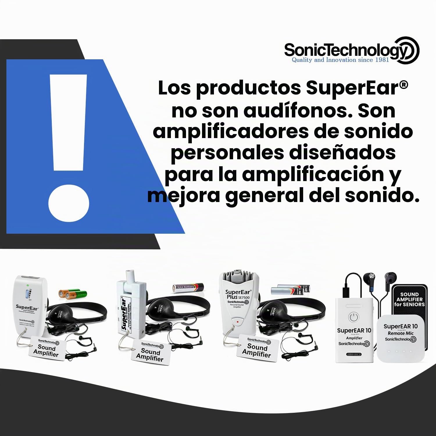SuperEar Amplificador de sonido recargable sistema completo con auriculares y auriculares aumenta el sonido 50 dB, la selección de frecuencia de 3 tonos facilita la evaluación