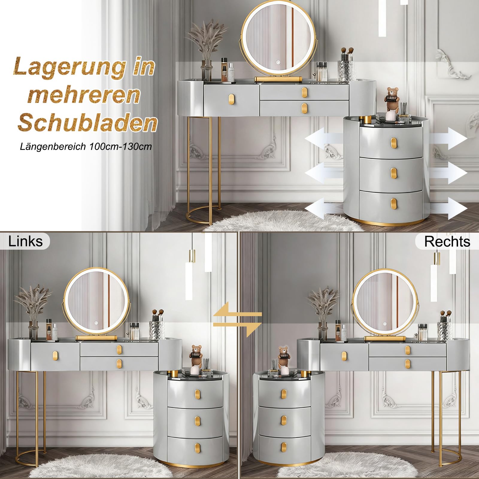 Schminktisch mit Spiegel und Stuhl, Luxuriöser Grau Frisiertisch mit Vergoldete Griffe, 100cm Kosmetiktisch mit 6 Schubladen & Seitenschrank für Schlafzimmer, PU-Leder