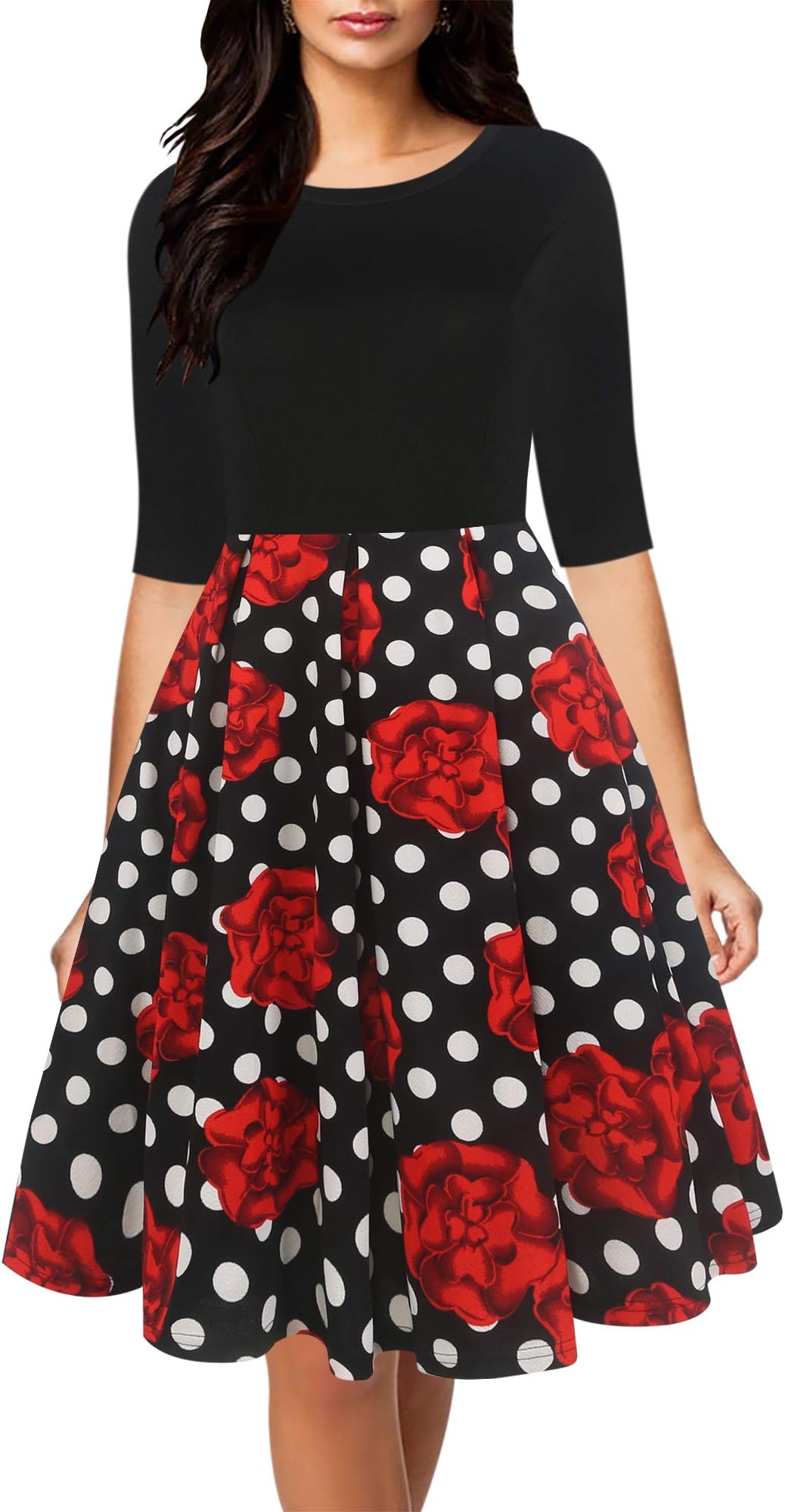 oxiuly Women's Vintage Half Sleeve O-Neck Contrast Casual Pockets Party Swing Dress OX253 (BK-RedFdot, XL)
