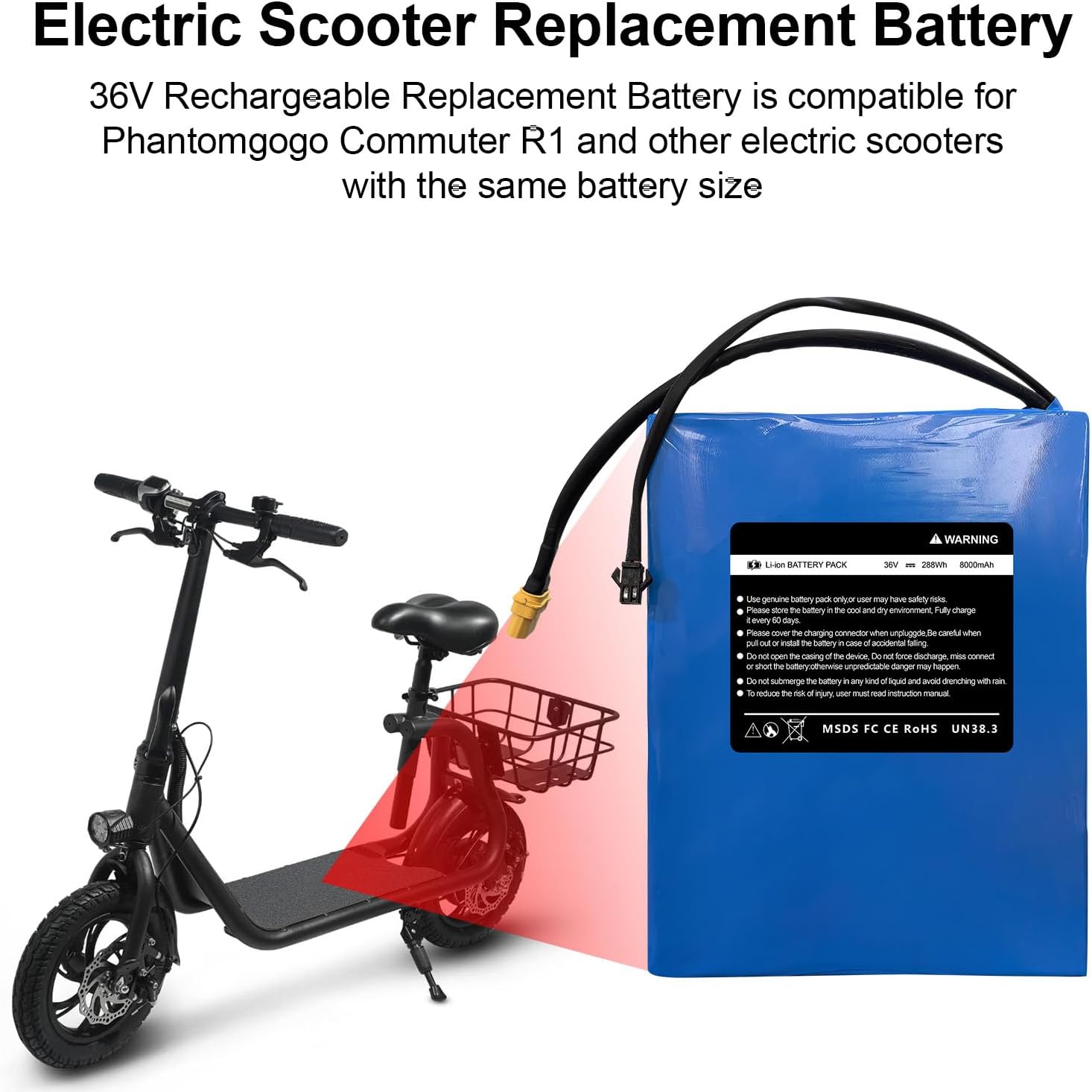 36V 8Ah Electric Scooter Battery Compatible for Phantomgogo R1 Electric Scooters 36V Electric Scooter Replacement Battery 288Wh Li-ion Power Batteries, Size: 7.68 * 5.2 * 1.50 inch