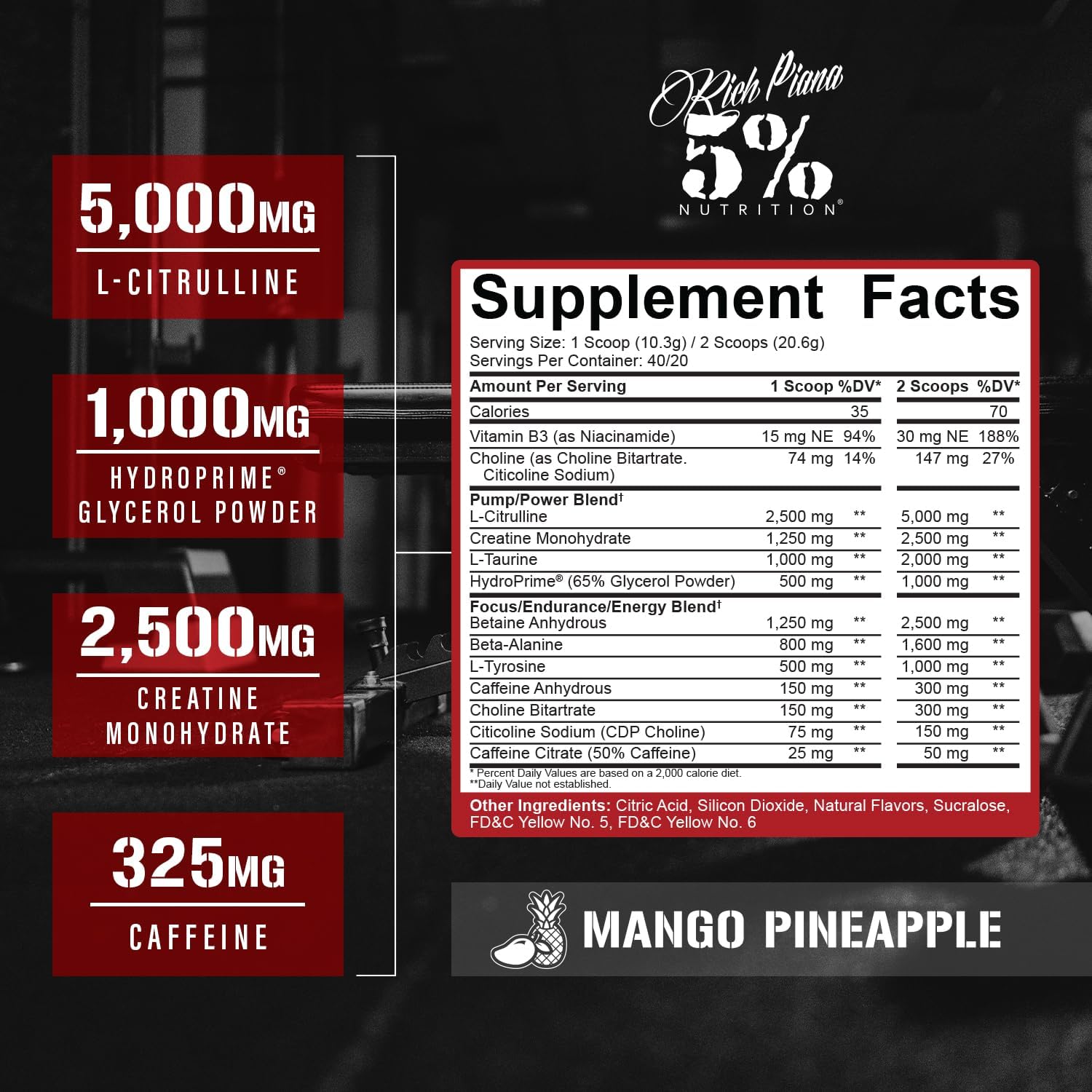 5% Nutrition Rich Piana Kill It Pre Workout Powder w/Creatine, Caffeine, Beta Alanine, Hydroprime Glycerol for Pump, Strength, Endurance | 14.11 oz, 40 Srvgs (Mango Pineapple)