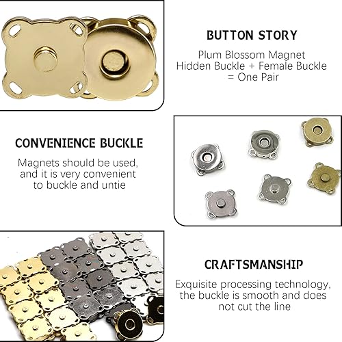 Miniatura 3 de 30 botones magnéticos de ciruela para ropa, bolso, bolso, álbum de recortes, artesanía de costura casera (negro + dorado + plata)