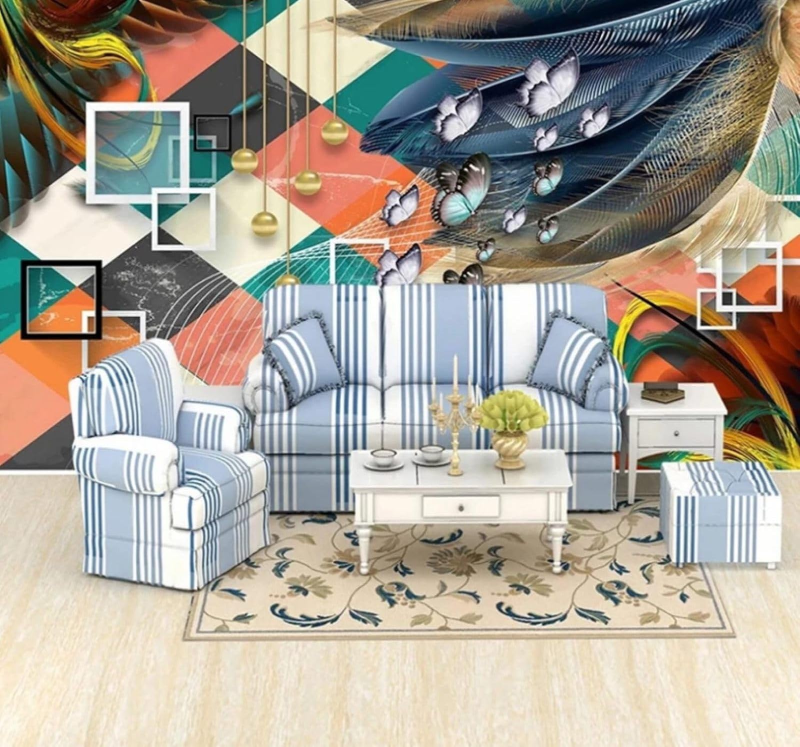 XLMING Colourful Geometric Feathers Butterflies Marble Effect 3D Wallpaper Luxury Home Dining Decor Paste Sofa Living Room The Wall for Bedroom Mural-150cm×105cm