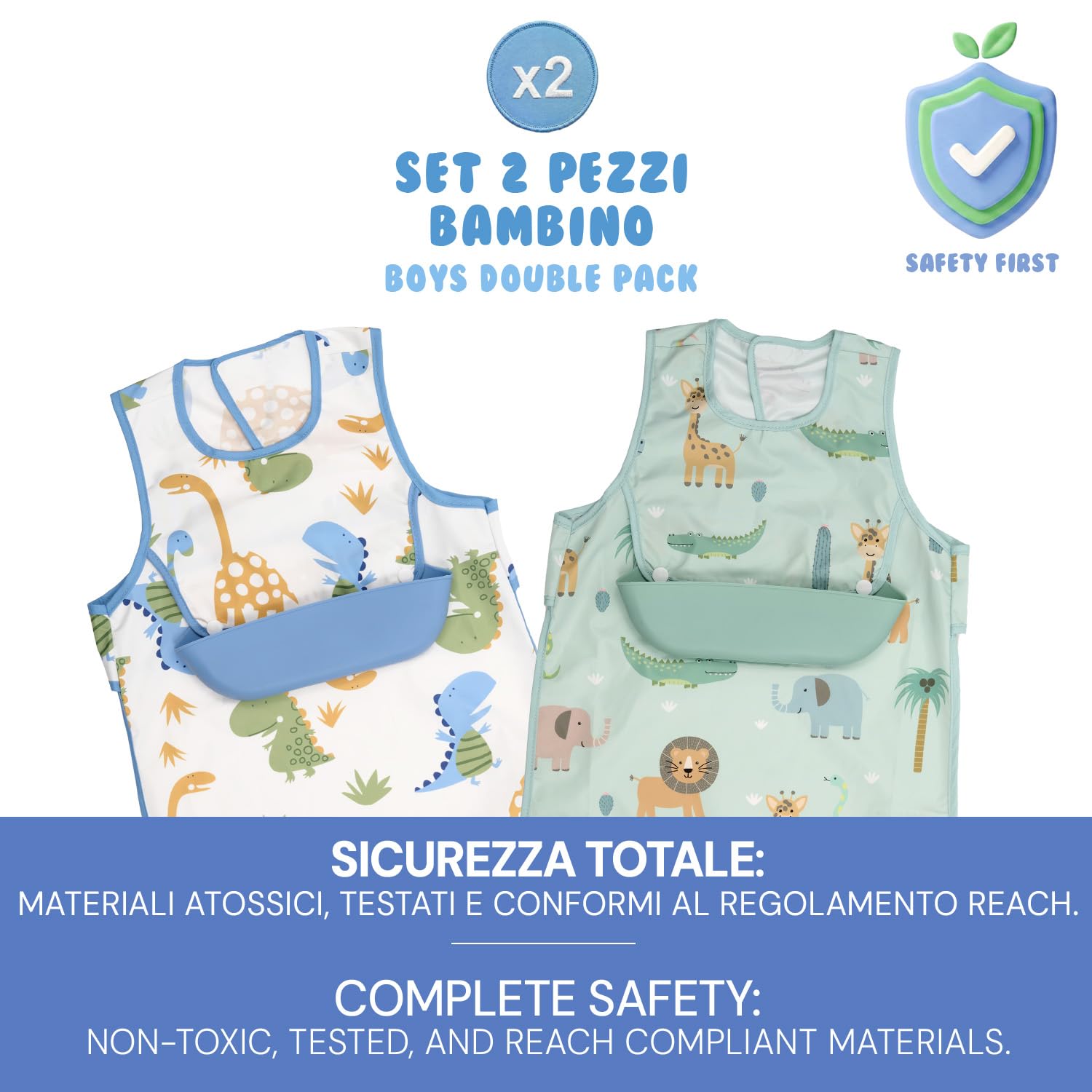 PERLETTI Bavaglini Impermeabili Bambini con Tasca Silicone Raccoglipappa Staccabile - Bavaglino Svezzamento Senza Maniche - Grembiule Pappa Bavaglia Bambino Bambina Lavabile Riutilizzabile