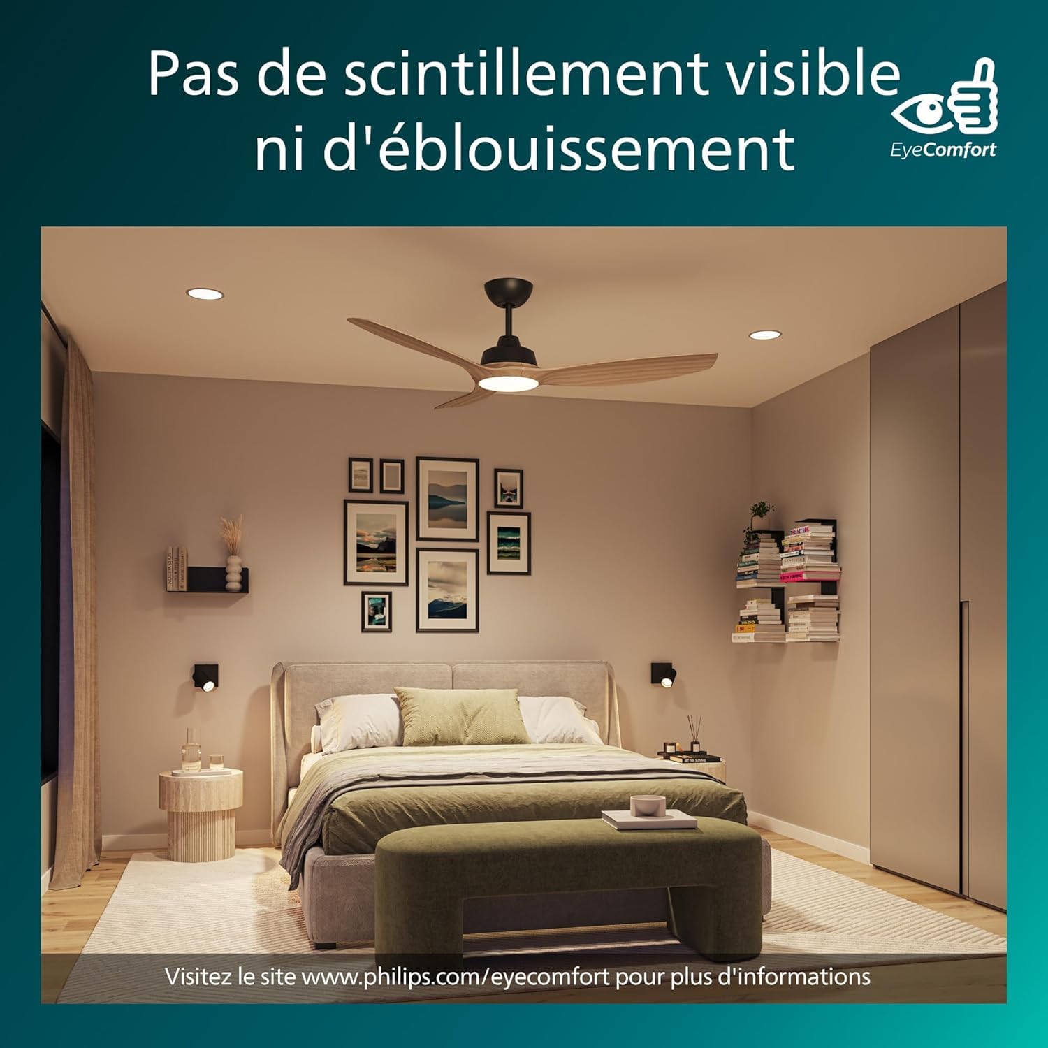 Philips Olas Ventilateur de Plafond, 3 Pales, Lumière LED 24 W, Moteur DC, Température de Couleur (3000 K-4300 K-6500 K) avec Fonction Variateur, Télécommande Incluse, noir, 52"