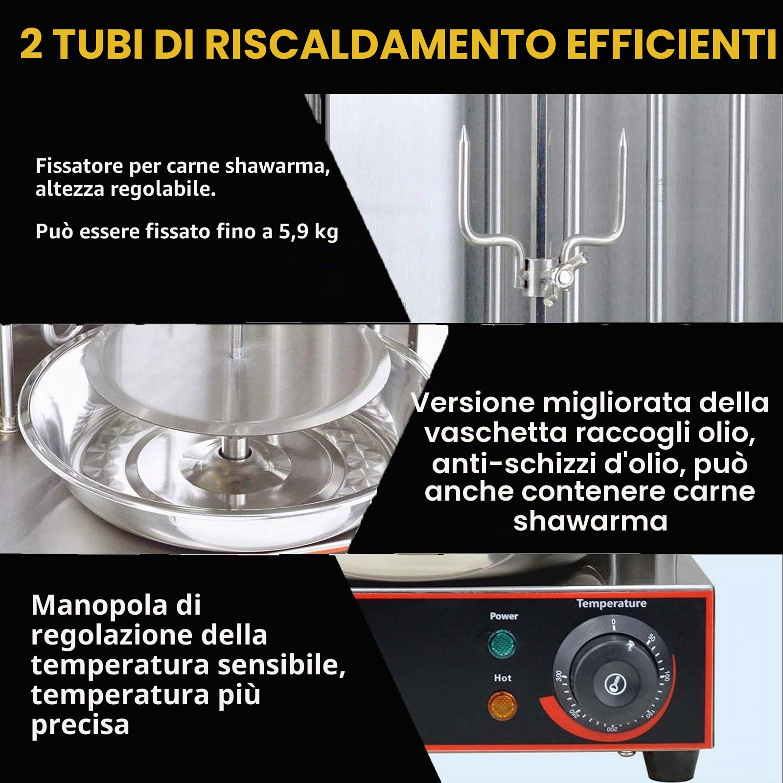 Macchina per Grigliare Shawarma, Macchina per Grigliare Gyro Kebab Verticale Elettrica, Macchina per Arrostire con 2 Tubi Riscaldanti e Vaschetta Raccogli-Carne,barbecuestove