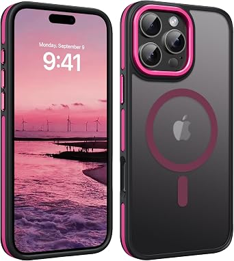 YINLAI Case for iPhone 16 Pro Max, Magnetic Case [Compatible with Magsafe] Supports Wireless Charging Slim Translucent Matte Women Men Shockproof Protective Back Phone Cover 6.9 Inch,Black/Hot Pink