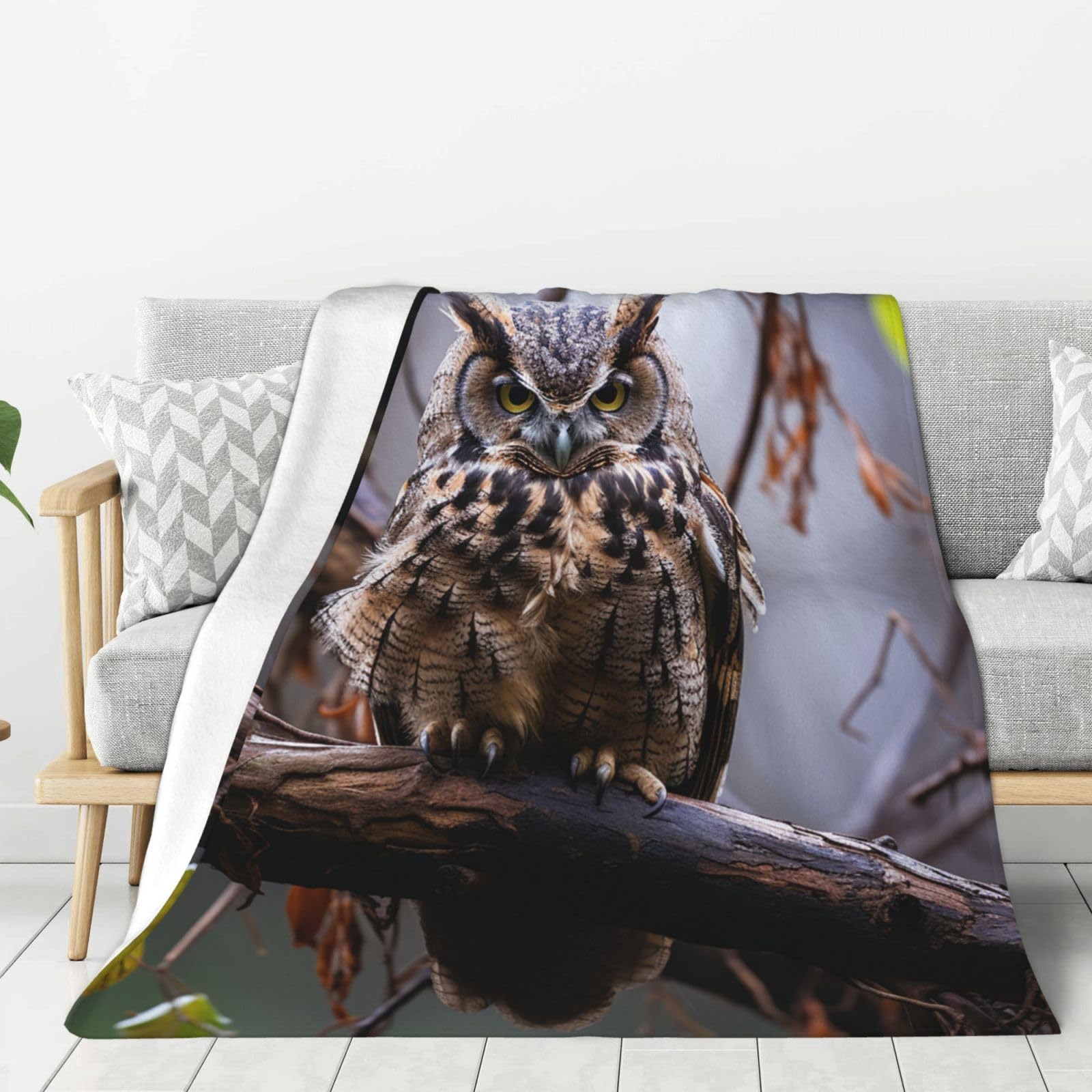 Owl On A Branch Throw Blanket Plush Flannel Fleece Blanket, Soft Lightweight Cozy Blankets 50"X40" for Bed Couch Sofa Travel