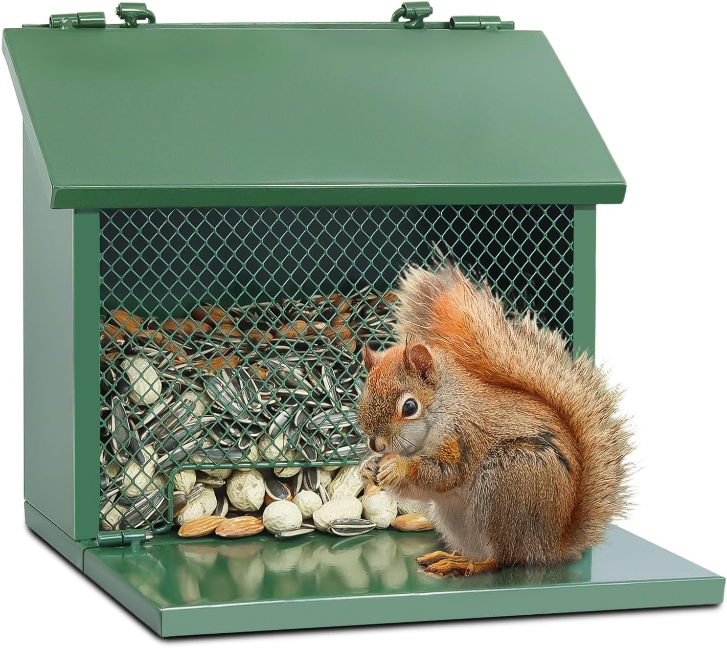 Metal Squirrel Feeder, Squirrel Feeders for Outside Hanging Nesting Box Chipmunk Picnic Table House Outdoors for Corn, Nut, Peanuts Green 1 Pack