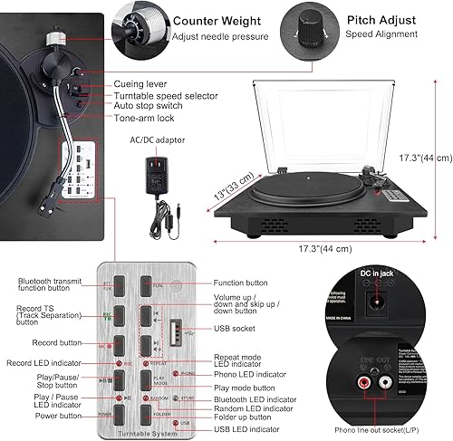 Miniatura 6 de BIGMONAT Tocadiscos de vinilo, tocadiscos de 3 velocidades con Bluetooth incorporados, reproductor de discos de vinilo USB de grabación directa MP3,
