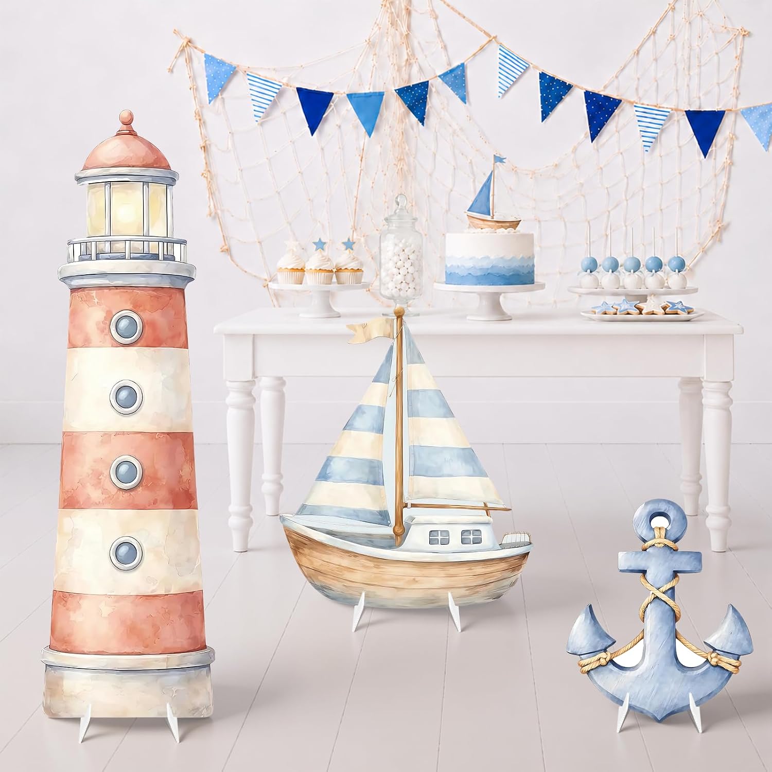 4Ft Nautical Party Decorations Boy Baby Shower Backdrop, Ahoy Its a Boy First Birthday Supplies, Lighthouse Sailboat Anchor Cardboard Cutouts, Sailor Ocean Theme Yard Signs Photo Props