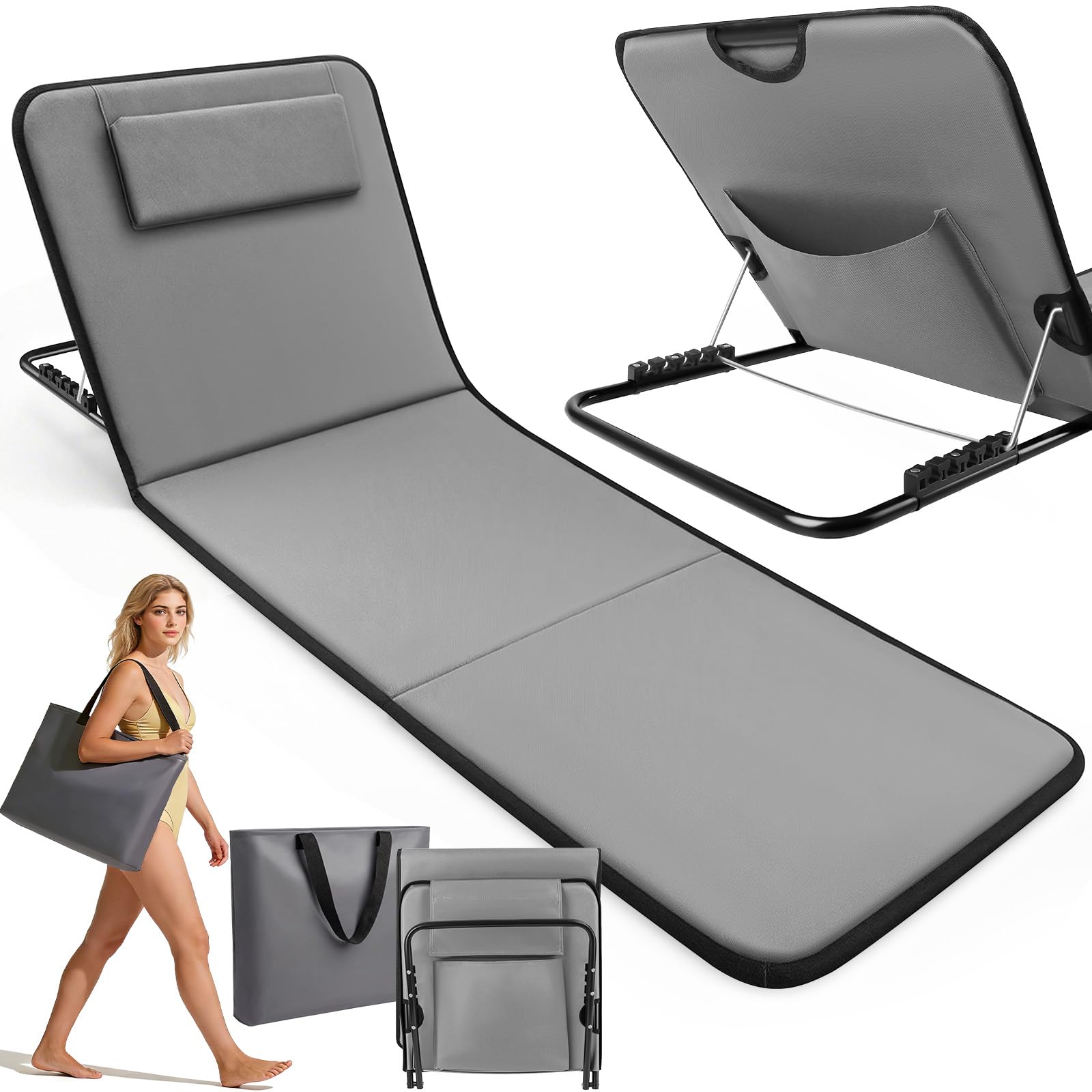 Transat de Plage Dossier Réglable, Matelas de Plage avec 5 Positions avec Coussin, Poche de Rangement, Bain de Soleil Pliable pour la Plage Jardin Piscine Camping Voyages Bronzer (Gris)
