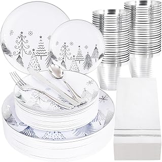 Liacere 175PCS - Silver Christmas tree Plastic Plates-Christmas and Napkins Sets Include 50 Plastic Plates,75 Silver Silverware，25 Cups 25 Napkins