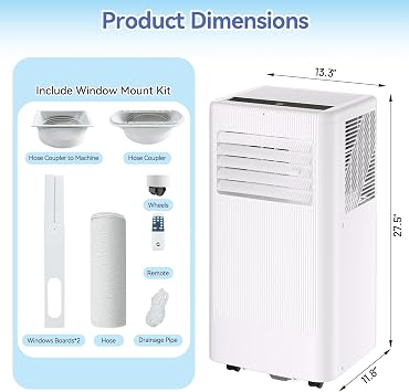 IDEALHOUSE Portable Air Conditioner with Cooling, Dehumidifier and Fan Functions, 10000 BTU Standing Cooling, Cools Up to 560 Sq. Ft., Remote Control, LED Display and Window Venting Kit Included