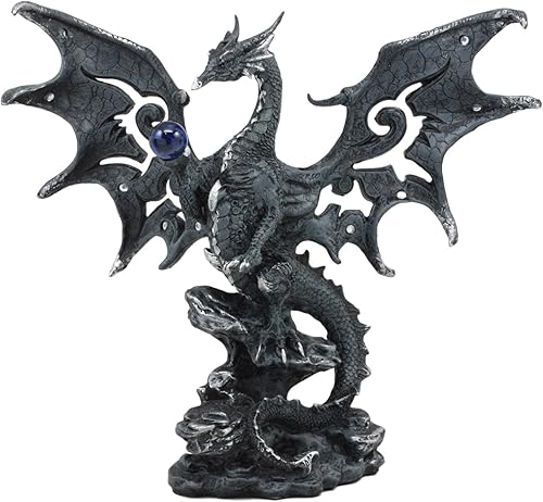 Ebros Draco Fantasy Dragón gótico con estatua de orbe azul, 8 pulgadas de alto, decoración del hogar de la Tierra de los Dragones, escultura de