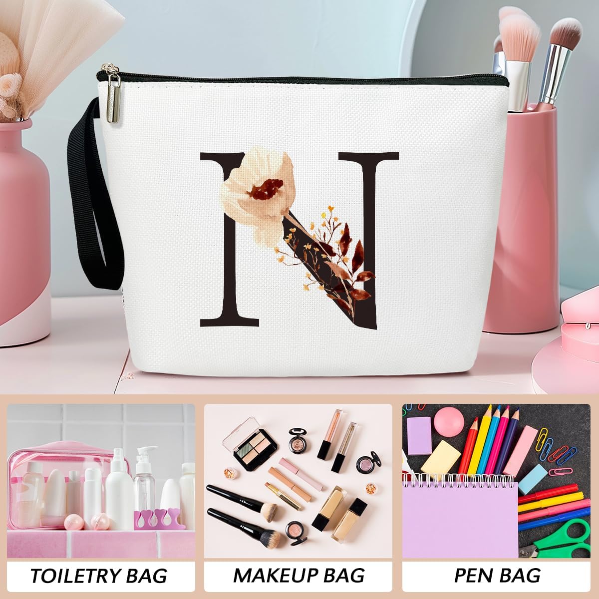 A-Z Personalized Makeup Bag Boho Floral Letter N Initial Cosmetic Bag Birthday Idea Gifts for Women Mom Wife Best Friend Bride Bridesmaid Toiletry Bag Travel Organizer Zipper Pouch- K152 image 3