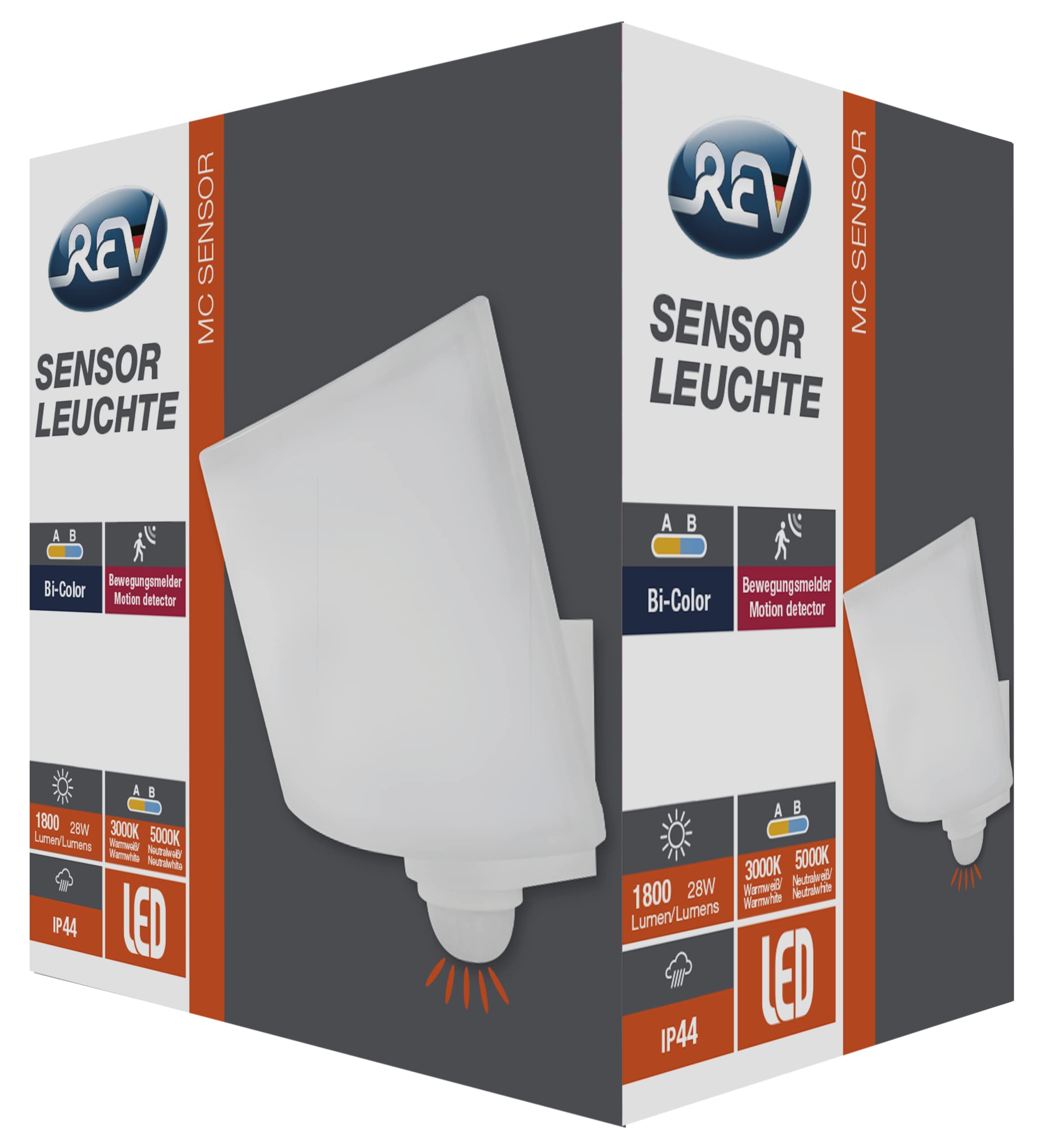REV McSensor LED Leuchte 230V~ warmweiss/neutralweiss, mit Bewegungsmelder, 28W Außenstrahler IP44, 1800lm, 5000K, anthrazit