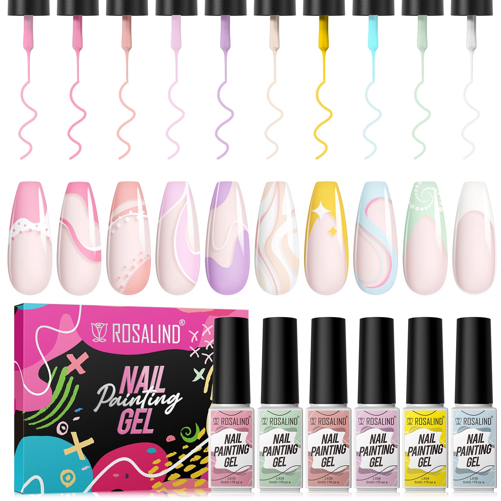 ROSALINDGel Polish Nail Art Gel Liner Set, 10 Colors Pink Nude Purple Blue Green White Nail Polish Set Painting Gel Liner Nail Art Soak-image-37