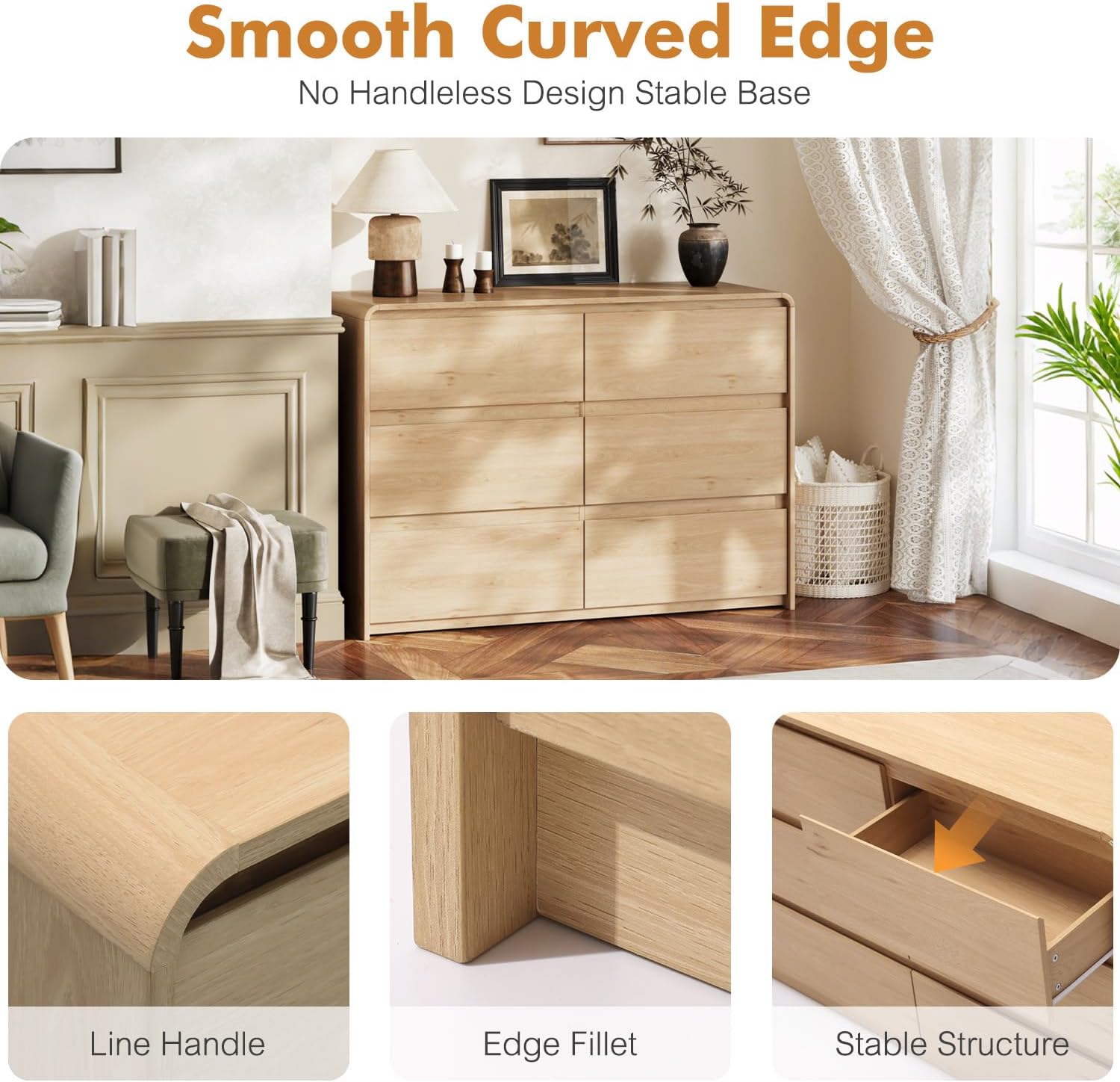 6 Drawer Dresser for Bedroom, Curved Edge Design Modern Dressers & Chest of Drawers, 47" Wide Nursery Dresser Natural Oak