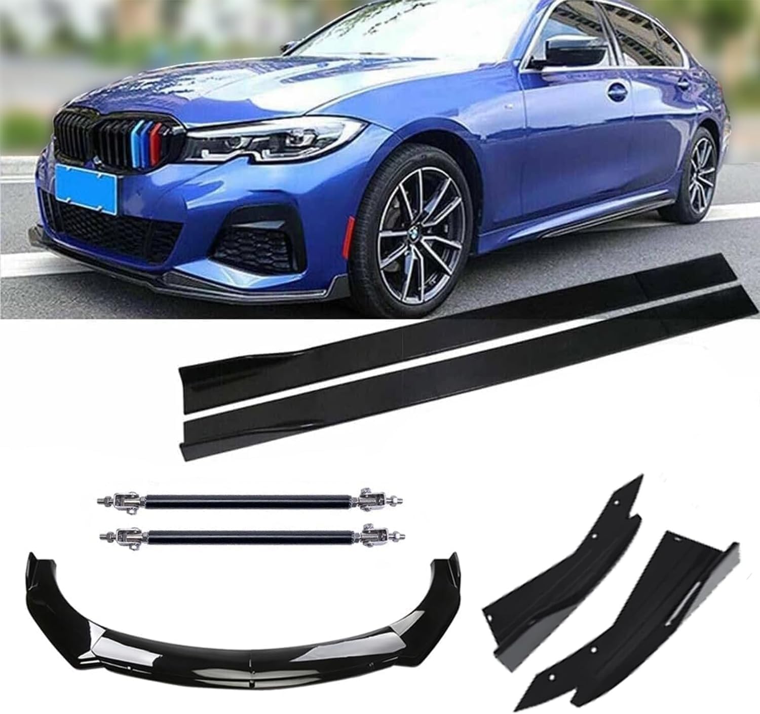 Fit for B-M-W1 2 3 4 5 6 Series Front Bumper Spoiler Splitter Body Kit+Side Skirt+Rear Glossy Black Adjustable