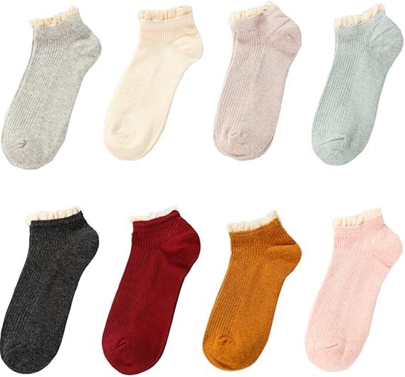 Amazon Hyun 綿 無地 靴下 レディース ソックス レース 女性 かわいい 入学式 卒業式 結婚式 発表会 パーティー 可愛い おしゃれ レース靴下 吸汗性 通気性 22 24cm セット レースフリル お姫様 バリエーション 8色 4足セット セットb 靴下 通販