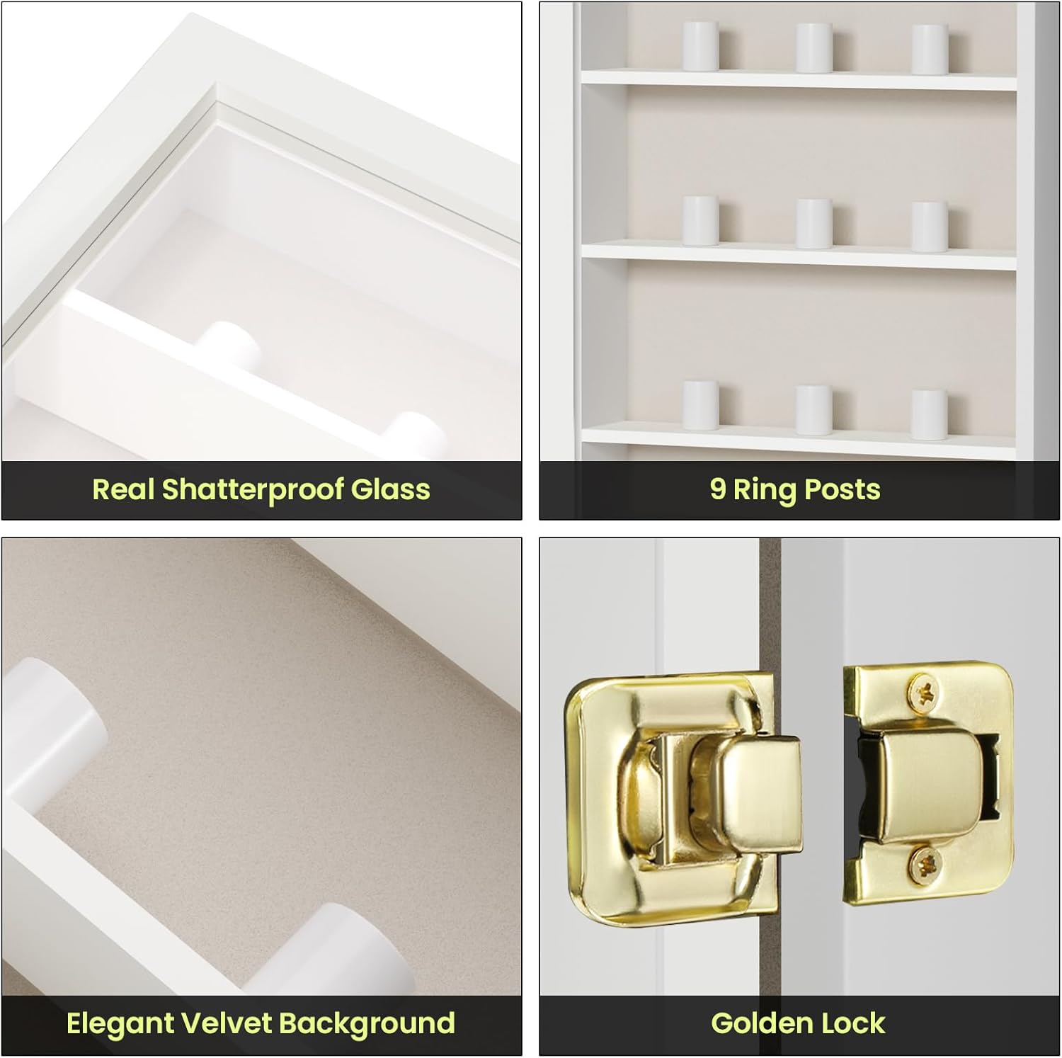 TJ.MOREE Championship Ring Display Case, 9 Ring Posts Baseball Ring Display Case, 8 x 10 Wall Mount Wooden Glass Shadow Box with Locks to Show Sport, Class, Fraternity, and Award Rings - White