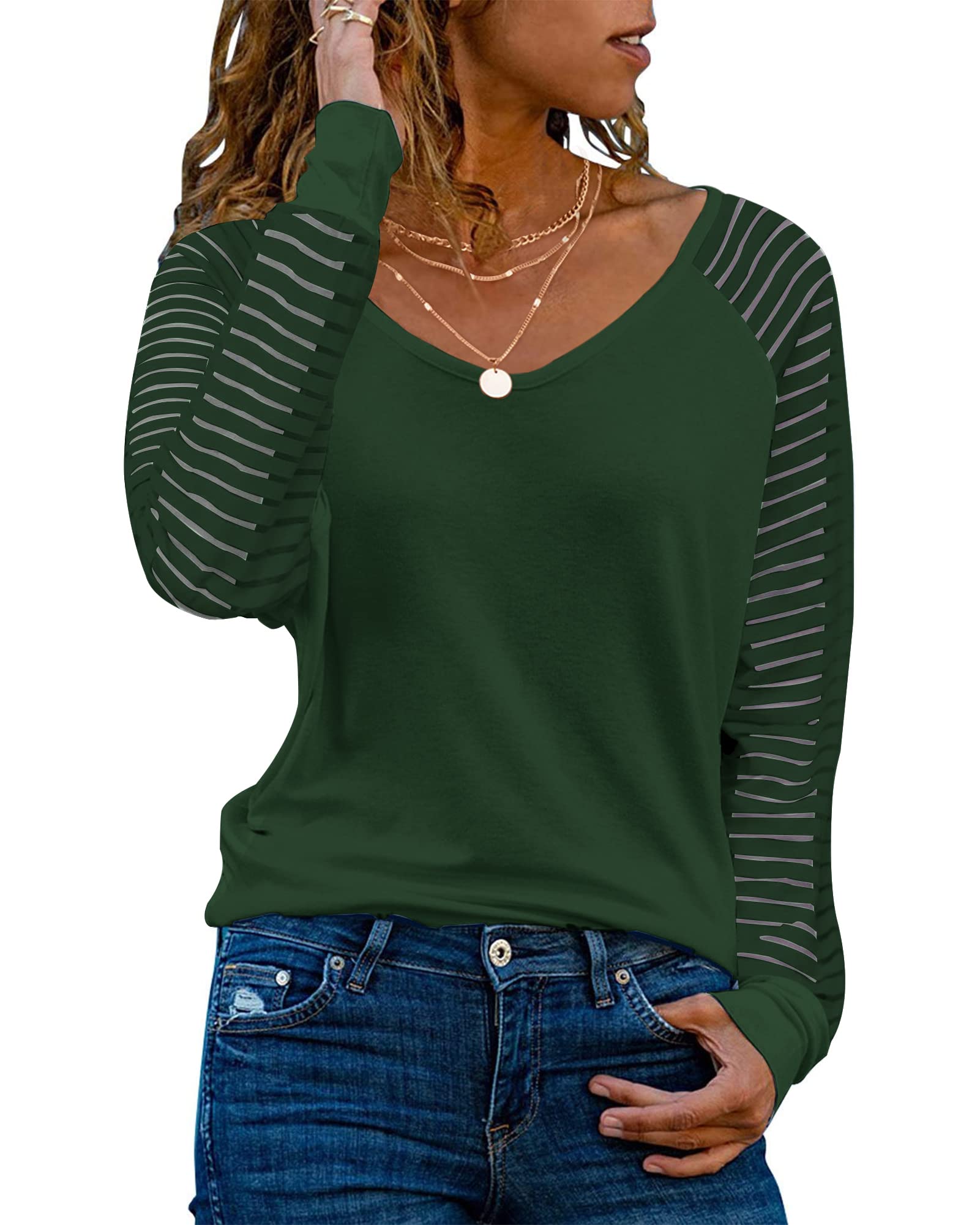 WNEEDU Long Sleeve Tops for Women V Neck Tunic Shirts Casual Loose Striped Sheer Mesh Raglan 2025 Blouse