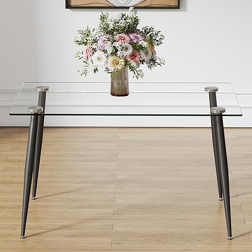 Miniatura 23 de Ebullient Juego de mesa de comedor de cristal para 4, juego de 5 piezas con 4 sillas de comedor de piel sintética negra, mesa de vidrio templado de