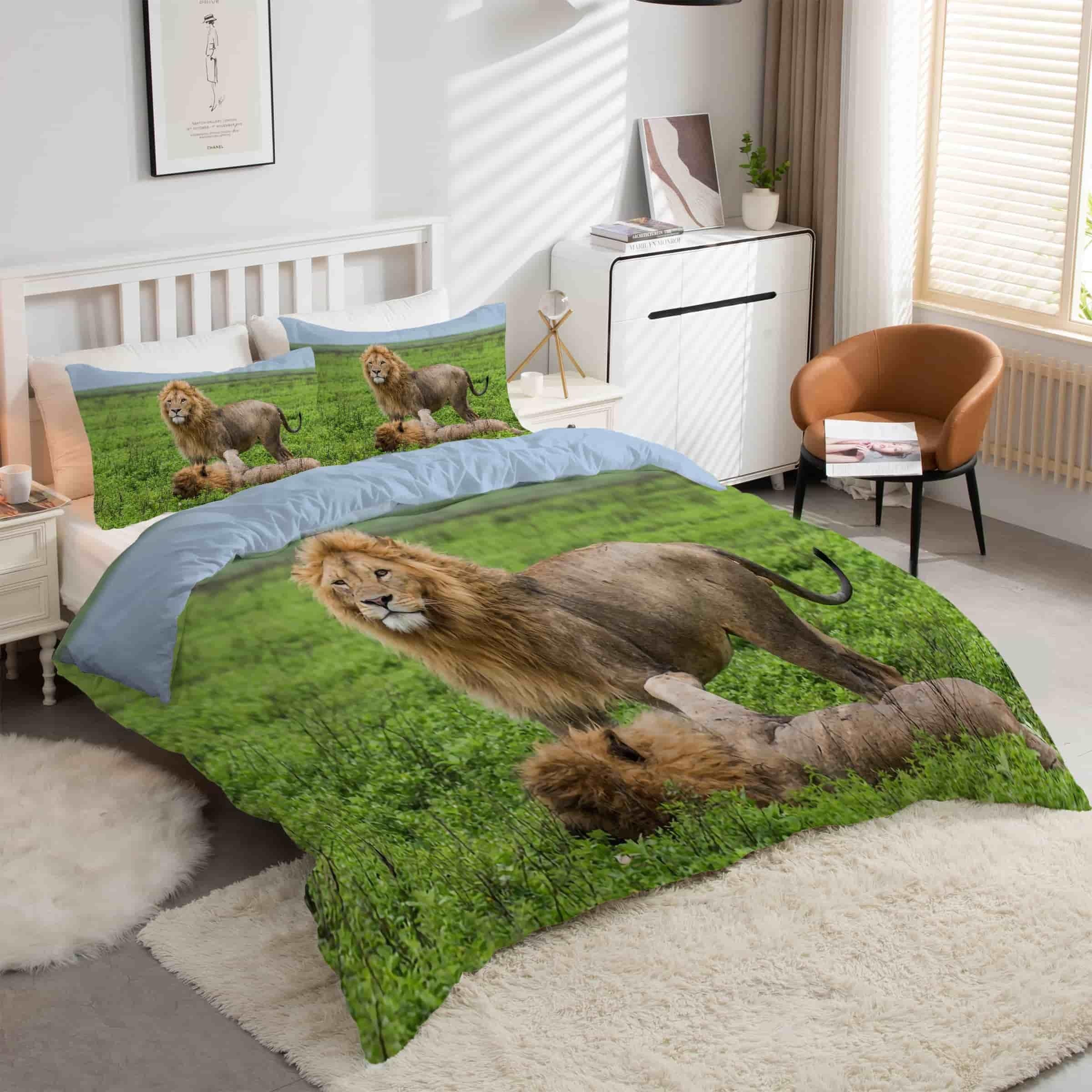 Housse de couette 200x200 animaux sauvages lion parure de lit 3 pièces microfibre