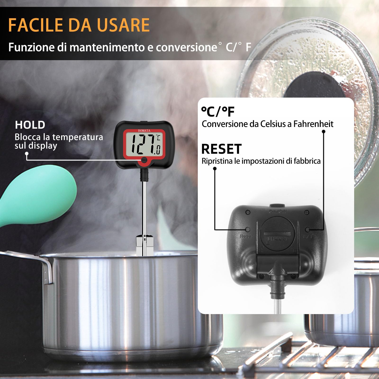BOMATA Termometro per caramelle con sonda lunga da 8" con clip per pentola, display rotante, Termometro digitale ad alta precisione con lettura istantanea per candele